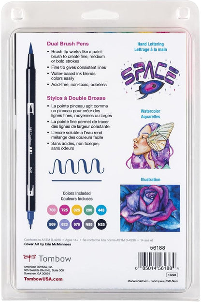 Tombow 56188 Dual Brush Pen Art Markers, Galaxy, 10-Pack. Blendable, Brush and Fine Tip Markers