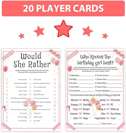 ALodr 20 Pcs Who Knows the Birthday Girl Best, Would She Rather Games for Girl Birthday Party, Funny Birthday Party Games, Double Sided, 5x7 Inches
