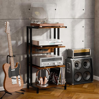 X-cosrack 4-Tier AV Media Stand with Power Strips, Wooden Corner Shelf Component Cabinet Stereo Audio Rack Stand Tower Perfect for DVD Players:Game Console:TV Box:Cable Box:Xbox:WiFi Router