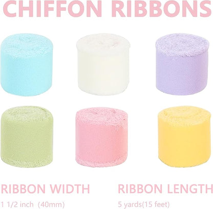 TONIFUL 6 Rolls Macarons Set Chiffon Ribbon 1 1/2 inch× 5 Yards Ribbon Fabric Silk Ribbon for Gift Wrapping Wedding Party Decoration Flower Bouquet Wrapping Bows Making DIY Crafts