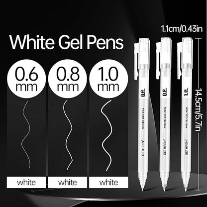 White Gel Pens 3-Pack - 0.6/0.8/1.0mm Fine to Bold Tips for Journaling & Art - Opaque Ink on Dark Paper, Holiday Cards & DIY Gifts