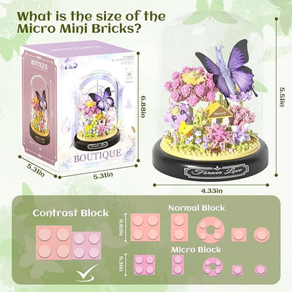 Flower Bouquet Building Set for Adults,582 PCS Animals Flowers Botanical Collection Mini Building Block Kit with Dust Cover,Butterfly Wildflower Bonzai Building Toys for Girl Women