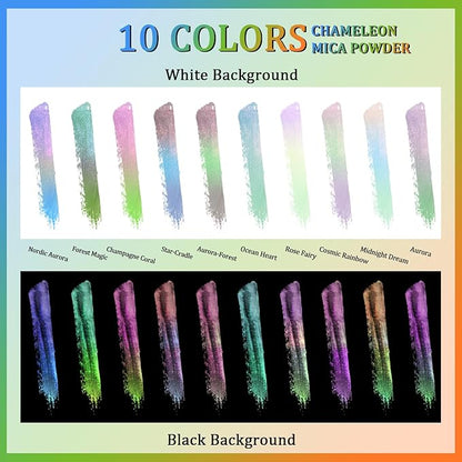 Matio Chameleon Mica Powder,10 * 5g Chrome Powder, 5 Pearlescent Effect Color Shift Pigment & 5 Chameleon White Mica Pigment Set for Epoxy Resin,Soap Candle,Nail Art,Makeup,Bath Bombs, Painting, Slime