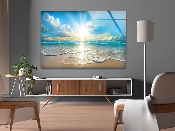 My Photostation.com 43Wx27H'' Beautiful Sunset & Ocean Glass Wall ArtTempered Glass Printing Wall Decor Large Wall Art Wall Hangings