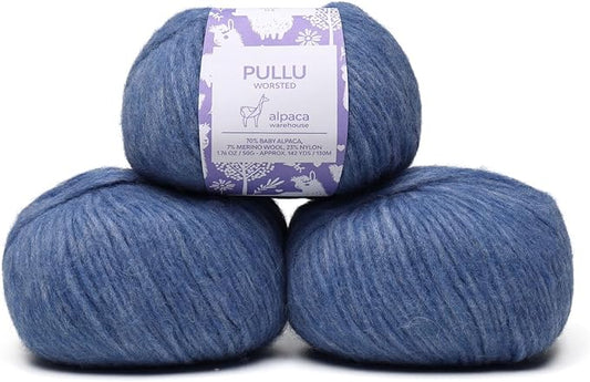 Pullu - Baby Alpaca Merino Wool Yarn Set of 3 Skeins (150 Grams) Worsted Weight - Sourced Directly from Peru - Heavenly Soft and Perfect for Knitting and Crocheting (Denim Blue)