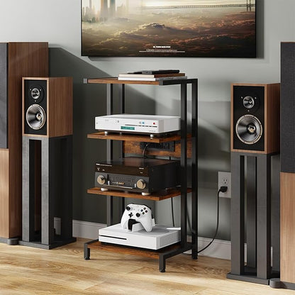 X-cosrack 4-Tier AV Media Stand with Power Strips, Wooden Corner Shelf Component Cabinet Stereo Audio Rack Stand Tower Perfect for DVD Players:Game Console:TV Box:Cable Box:Xbox:WiFi Router