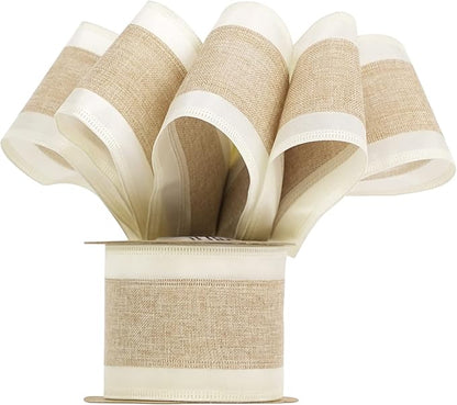 MEEDEE Burlap Wired Ribbon with Satin Edge - White Stripe, 2.5 Inch, 10 Yards for Wreath, Garland, Topper, Bow Making, Fall, Christmas, Wedding Decorations