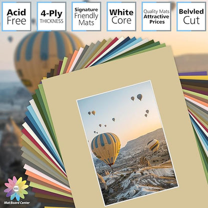 Mat Board Center, Pack of 50, 8x10 for 5x7 Mix Color Picture Mat Sets - Acid Free, 4-ply Thickness, Bevel Pre-Cut White Core - Includes Backing Boards and Clear Bags - for Pictures, Photos, Framing