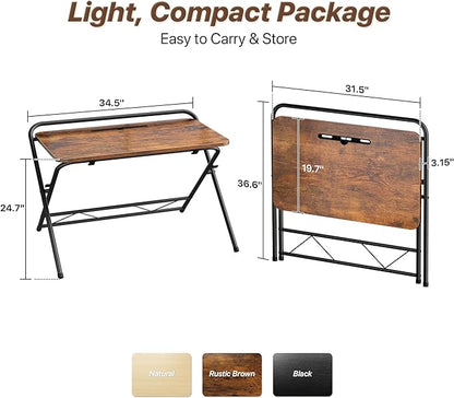 Huuger Folding Desk with 3-Level Adjustable Height and Tablet Slot, 32 Inch Foldable Computer Desk for Small Spaces, Space Saving, Writing Work Table for Home Office, Bedroom, Study, Rustic Brown
