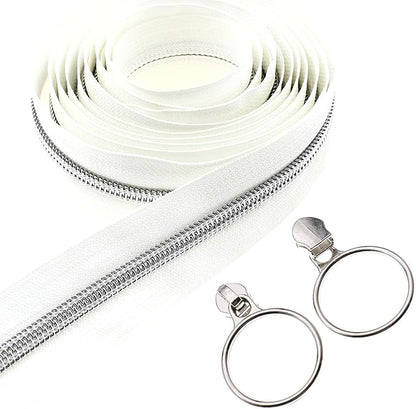 Leekayer #5 Silver Metallic Nylon Coil Zippers by The Yard Bulk 10 Yards White Zipper Tape with 25pcs Silver Ring Pull Sliders for DIY Sewing Tailor Craft Bag(White)