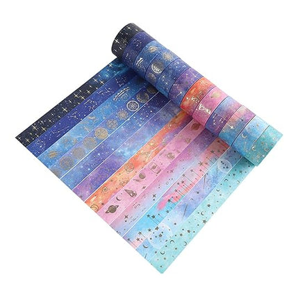 12 Rolls Galaxy Washi Tape Set, Gold Foil Decorative Masking Tape for Scrapbooking, Bullet Journal, Planner, DIY Crafts, Gift Wrapping