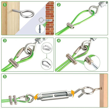 Turnbuckles for Cables Wire, 1/8" X 100Ft Green PVC Coated Wire Rope Kit, Multi-use Steel Cable for Grape Vines/Clothes Line Outdoors for T Post/String Light Hanging/Garden Cable
