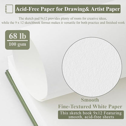 Sketch Book 9x12 inch, Pack of 2 (Total 200 Sheets) Spiral Bound Sketchbook, 68 lb/100gsm Artist Sketch Pad, 100 Sheets Each, Sturdy Acid Free Drawing Paper, Suitable for Adults & Teens
