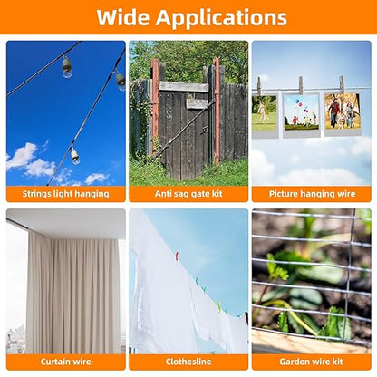 250FT 1/8" Wire Rope Kit, Vinyl Coated 304 Stainless Steel Wire Cable, 7x7 Strands 920LBS Breaking Strength, M5 Turnbuckle for Cable Wire, String Light Hanging Kit for Outdoor, Garden, Clothesline