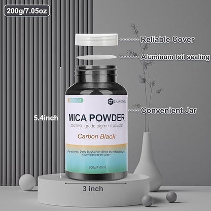 Mica Powder,7.05OZ（200g）,Carbon Black Mica Powder Pigment for Epoxy Resin，Lip Gloss，Car Paint，Dye，Soap Making，Nail Polish,Epoxy Resin,Candle Making,Bath Bombs