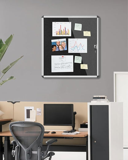 28"x26" Enclosed Bulletin Board, Lockable Weather-Resistant Aluminum Cork Noticeboard for School & Office, Silver Frame w/Black Flet