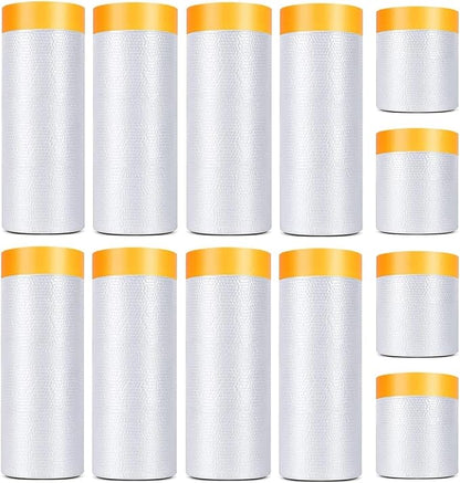 12 Pack Tape and Drape, 3 Sizes Pre-Taped Masking Film Plastic Sheeting Cover Roll, 65.6 Ft/Pack Automotive Painters Masking Tape Film for Furniture, Floor, Skirting