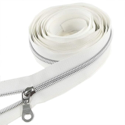 Leekayer #5 Silver Metallic Nylon Coil Zippers by The Yard Bulk 10 Yards White Tape with 25pcs Silver Sliders for DIY Sewing Tailor Craft Bag(White)