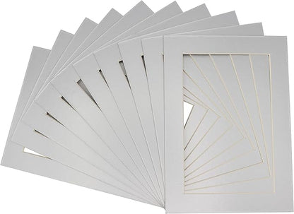 Pack of Ten Acid Free 8x10 Mats Bevel Cut for 5x8 Photos - Metallic Silver Precut Matboards With Backing Boards and Self Seal Photo Mat Bags For Pictures, Photos, Framing - 4-ply Thickness