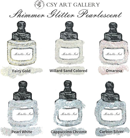 CSY art gallery Metallic -Pearlescent-Glitter Acrylic Ink -Shining Calligraphy Paint -Silver, Rose Gold Rich Pigments Perfect for Artists, Canvas, Rocks, Wood, Fabric, Ceramic (Galaxy Starlight Set)