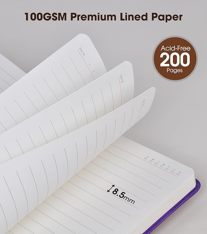 Purple A5 Lined Leather Journal Notebook for Men Women,5.9" X 8.4" Personalized Hardcover Journal with Pen,200 Pages 100 Gsm Thick Ruled Paper Daily Diary for Travel,Business,Work,Writing