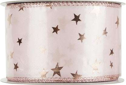 MEEDEE Rose Gold Star Satin Wired Ribbon - 2.5 Inch Pink Wedding Ribbon - 25 Yards Roll Christmas Decor