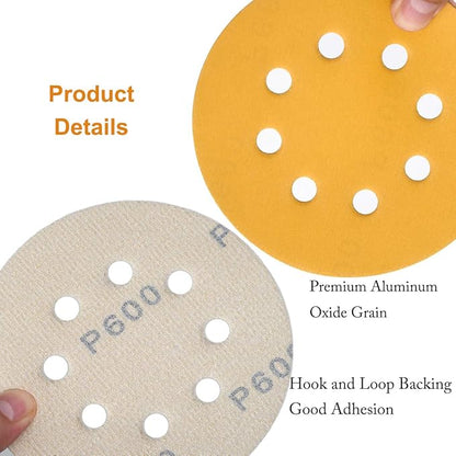 5-Inch 8-Hole Hook and Loop Sanding Discs 600-Grit Random Orbit Sandpaper, 100-Pack