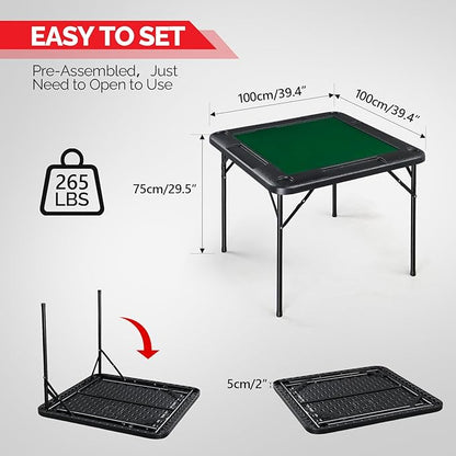 PEXMOR 39.5" Foldable Mahjong Table, Square 4 Player Card Game Table w/Cup Holders & Chip Grooves, Portable Folding Poker Domino Board Game Table for Blackjack, Texas Hold'em, Jigsaw Puzzles Game
