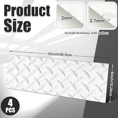 4pcs Diamond Plate Sheet Metal Heavy Duty Tread Aluminum Sheet Diamond Tread Plate for Wall Covering, Cargo Trailer, RV and More (6'' X 12'' X 0.08'',Silver)