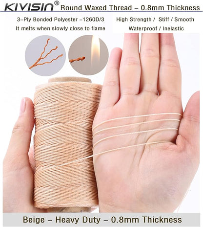 Bonded 0.8mm Round Waxed Polyester Cord, 3-ply Wax Coated Thread, 197 Yards Stiff String for Heavy Duty Fabric, Leather Sewing, Book Binding, Upholstery Repair, and Macrame Jewelry - Beige