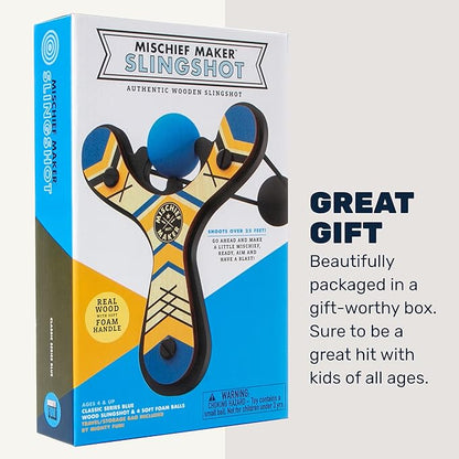 Mighty Fun! - Mischief Maker® Wooden Slingshot - Classic Series - Real Wood Slingshot for Kids, 4 Soft Foam Balls and Storage Bag - Ages 4+ (Blue)