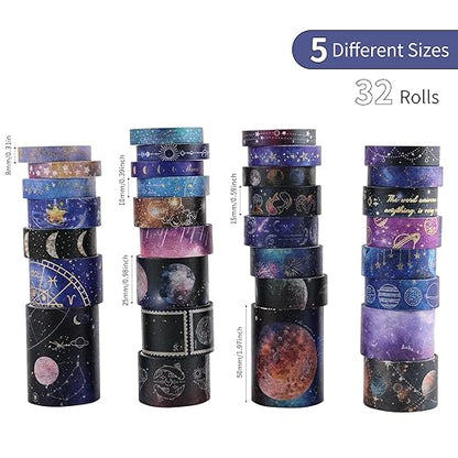 32 Rolls Washi Tape Set, Gold Foil Galaxy Decorative Masking Tape Constellation, Stars, Celestial, Adhesive Tape for Bullet Journal, Diy Craft, Scrapbooking Supplies, Gift Wrapping, Party Decoration