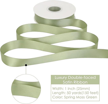 HUIHUANG Satin Ribbon 1 inch Sage Green Ribbon 50 Yards Double Face Silk Satin Ribbons for Crafts Spring Moss Ribbon for Gift Wrapping Bows Floral Bouquet Cake Wedding Invitation Card Party Decor