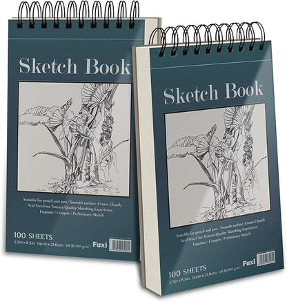 Small Sketchbook 5.5" x 8.5" - 2 Pack Top Spiral Mini Sketch Pad, Small Sketch Book Hard Cover, 100 Sheets Each 68lb/100gsm - Mini Drawing Paper for Kids, Portable Drawing Pad for Beginners & Artists.
