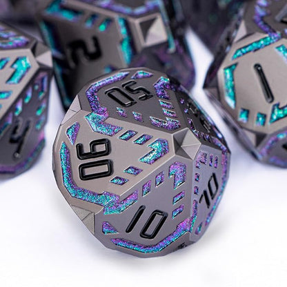Metal DND Sci-fi Dice Set 7PCS Stripe Polyhedral Dice for Dungeons Dragons RPG Role Playing Game, Glitter D and D Dice with Gift Box D6 D8 D10 D12 D20 (Black&Green Purple)