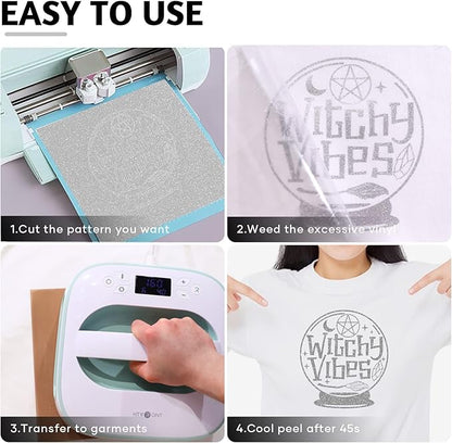 HTVRONT Silver Glitter HTV Heat Transfer Vinyl Bundle: 13 Pack 10" x 12" Iron On Vinyl for T-Shirt, Cricut, Silhouette Cameo or Heat Press Machine