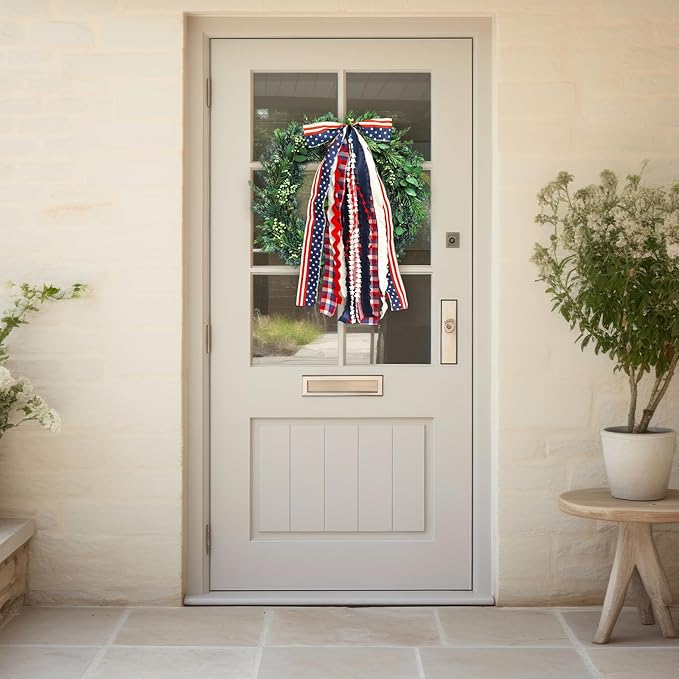 Large Patriotic Star Ribbon Bow for Wreath, Red White Buffalo Plaid Fabric Ribbons Set Assorted Lace Ribbon 4th of July Clip-On Wreath Sash Ribbons Bundle for Patriotic Indoor Outdoor Decor
