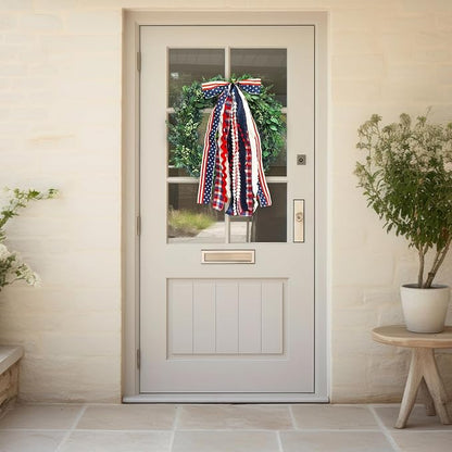 Large Patriotic Star Ribbon Bow for Wreath, Red White Buffalo Plaid Fabric Ribbons Set Assorted Lace Ribbon 4th of July Clip-On Wreath Sash Ribbons Bundle for Patriotic Indoor Outdoor Decor