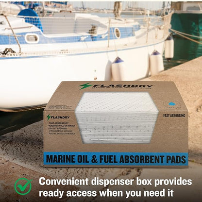 FLASHDRY Marine Oil & Fuel Spill Absorbent Pads - 17.5” x 13.5”, Water Repellent, Effective Spill Control, Marine Protection, High-Performance, Eco-Friendly, Tear Resistant (2)
