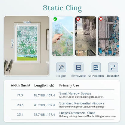 Haton Window Privacy Film, Decorative Stained Glass Window Clings, 3D UV Sun Blocking Sticker, Removable Static Cling Heat Control Tint for Home Door, Leaf Rainbow, 17.5" x 78.7" Non-Adhesive