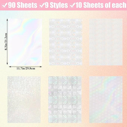 STARVAST 90 Sheets Holographic Sticker Paper, Transparent Holographic Vinyl Laminate Sheets, Self Adhesive A4 Size Printable Holographic Paper with Gem Rainbow Spot Star Patterns
