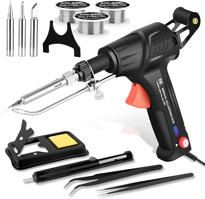 Upgrade 120W Soldering Iron Kit with Ceramic Heater, Automatic Soldering Gun Kit Includes 3 Solder Wire, 3 Interchangeable Tips, 2 Tweezers, Desoldering Pump, Basic Stand with Sponge