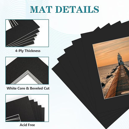 ZBEIVAN 11x14 Black Picture Mats with Core Bevel Cut Frame Mattes for 8x10 Pictures - Pack of 5