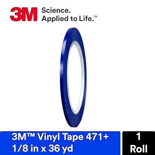 3M Vinyl Tape 471+, 1/8 in x 36 yd, Indigo, 1 Roll, Fine Line Tape for Paint Masking Striping, Color Separation and Complex Designs, High-Temperature, Stretch