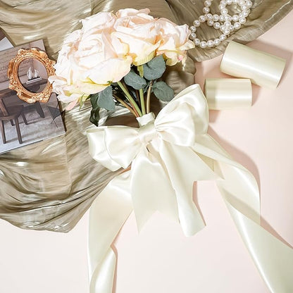 LaRibbons Ivory Satin Ribbon 4 Inch 10 Yards Double Faced Luxury White Cream Silk Ribbon for Gift Wrapping Flower Bouquets Bow Christmas Wedding Party Decoration