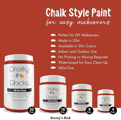 Chalky Chicks All-in-One Chalk Paint for Furniture or Cabinet - 4 Fl Oz - Matte Finish Emmy's Red (Orange Red) for Metal, Wood Furniture Paint - No Sanding All-in-One for Home Decor & Crafts, USA Made