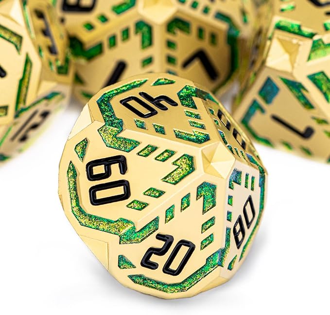 Metal DND Sci-fi Dice Set 7PCS Stripe Polyhedral Dice for Dungeons Dragons RPG Role Playing Game, Glitter D and D Dice with Gift Box D6 D8 D10 D12 D20 (Golden Green)
