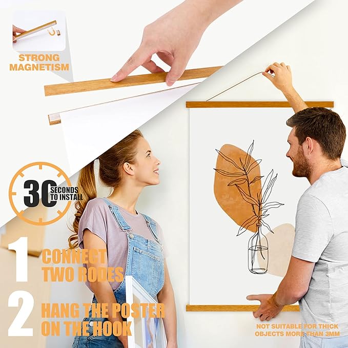 Ywlake Magnetic Poster Hanger, 24x36 24x18 24x32 Poster Frame Wood Wooden Magnet Print Posters Dowel Scroll Hanger Hangers Hanging Kit for Walls Map Canvas Artwork (Teak Wood, 24")