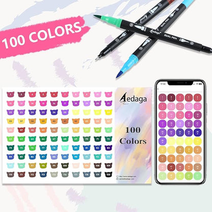 100 Colors Numbered Dual Tip Brush Pens with Free App, Fine and Brush Tips Pens for Adults and Kids, Coloring Markers for Coloring Book Bullet Journaling Note Taking Planner Hand Lettering