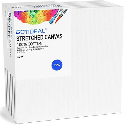 GOTIDEAL Stretched Canvases for Painting, 8x8 Inch Set of 7, Primed White - 100% Cotton Blank Art Square Canvas Boards for Painting for Acrylic Pouring, Oil Paint Dry & Wet Art Media